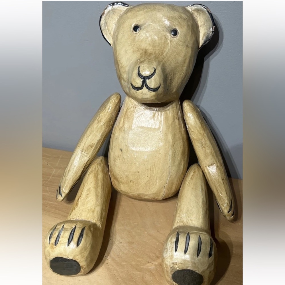 Vintage Wooden Hand Carved Teddy Bear Whimsical Animal Cabin Decor Woodland Folk